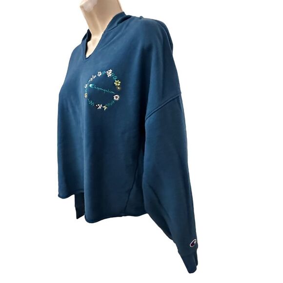 Champion ~ Turquoise/Teal Blue vneck cropped hooded sweatshirt ~ size Small - Picture 2 of 11